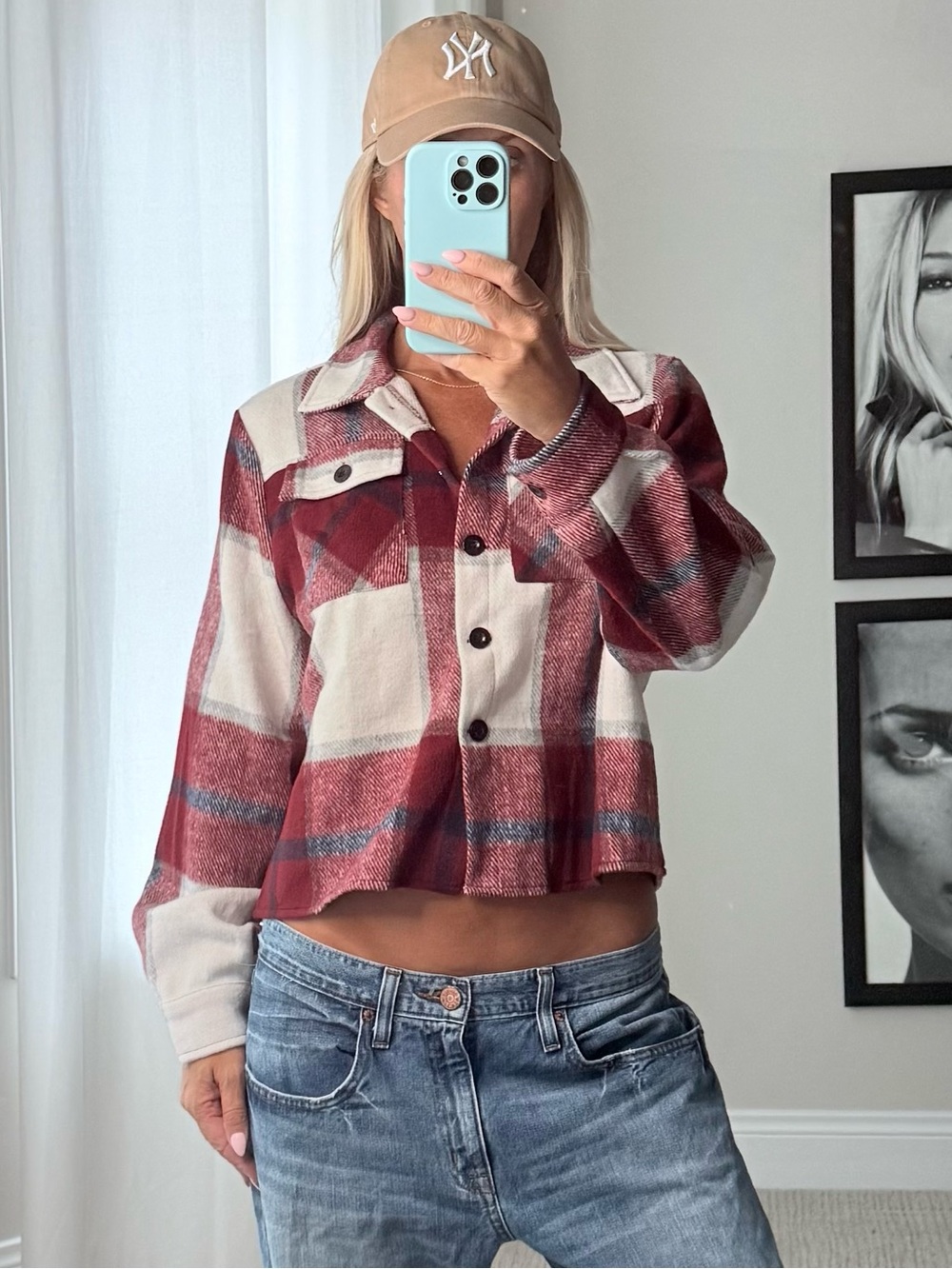 zeagoo Burgundy & Cream Plaid Cropped flannel